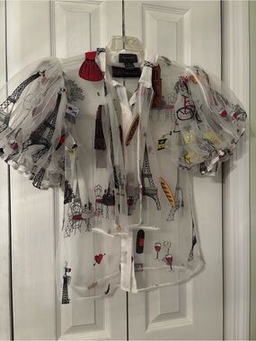 Gracia White Sheer Paris-Print Puff Sleeve Blouse